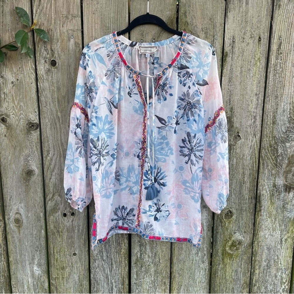 Johnny Was Workshop Floral Peasant Blouse Embroidered Tassel Tie Boho M